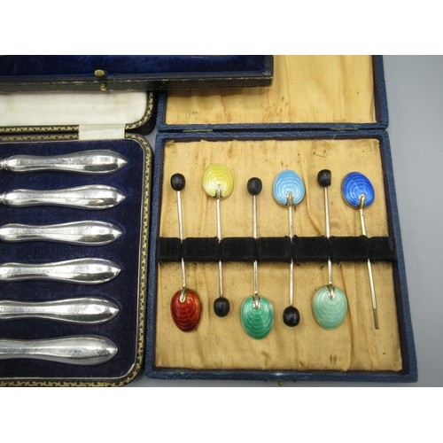 143A - 20th Century cased set of six silver gilt and enamelled teaspoons with coffee bean terminals by Adie... 