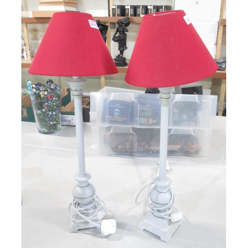 1656 - Pair of tall contemporary white painted metal table lamps with red shades, H67cm (2)