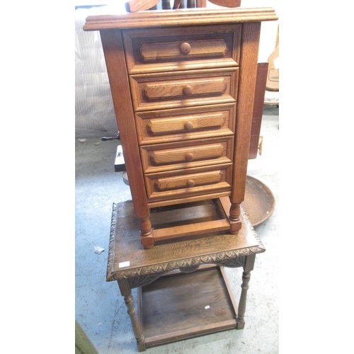 1672 - Small oak chest of five drawers, oak occasional table with carved detail and an oak wine table with ... 