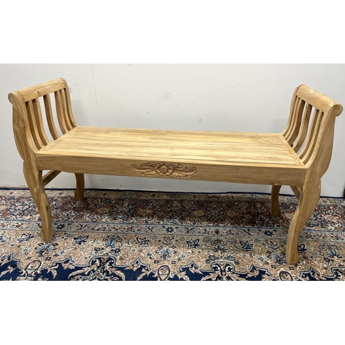 1317 - Carved wood bench with central floral motif, 106 x 64 x 36cm