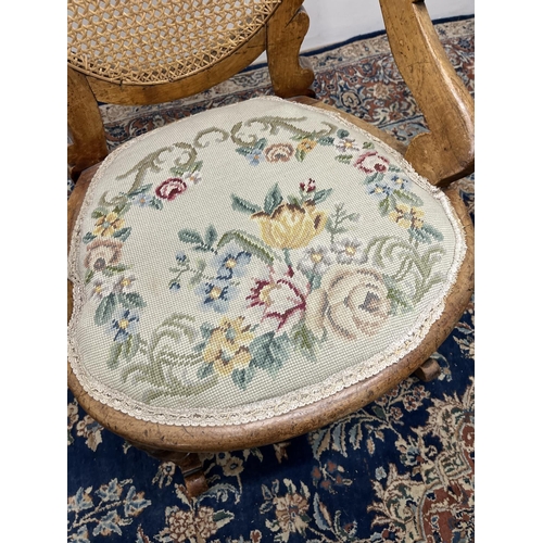 1320 - Victorian rocking chair, bergere back panel, circular seat with upholstered seat pad, H89cm