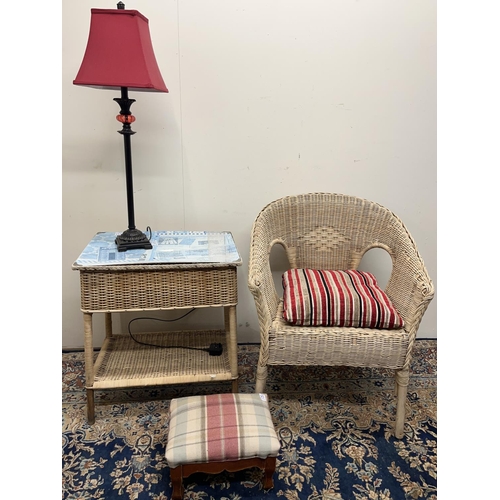 1321 - Rattan armchair, H78cm, rattan sewing box with undershelf, an upholstered foot stool, and a modern t... 