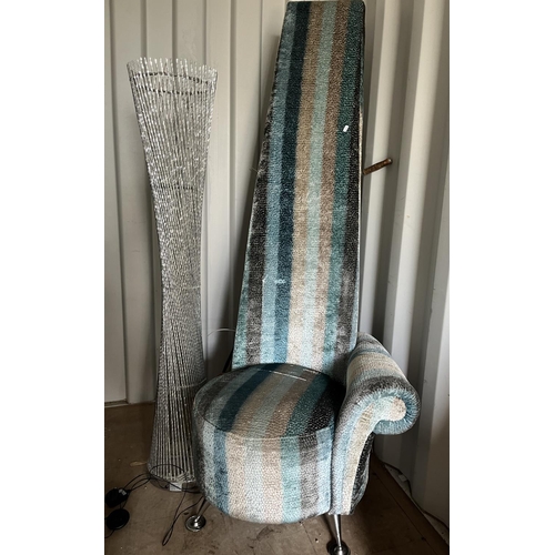 1838 - Elongated backed chair upholstered in striped fabric, H180cm approx., and an LED standard lamp (2)