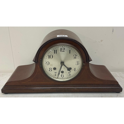 1356A - 1930's mahogany mantel clock, silvered Arabic dial, three train Westminster chiming movement no.9244... 