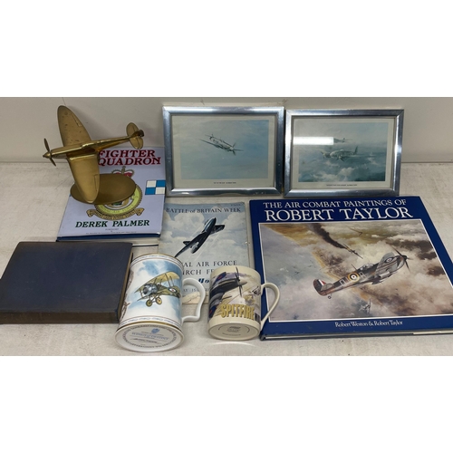 1570 - Various RAF collectables, incl. a brass model of a Spitfire on oval base; books incl. Brickhill, Pau... 