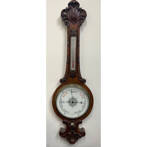 1096 - Victorian oak wheel barometer, applied carved moulding, 10