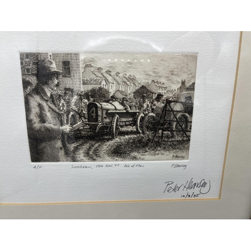 1222 - WITHDRAWN Peter Hearsey etching, framed, signed & dated 10/09/05, Sunbeam 1914 RAC TT, Isle of Man