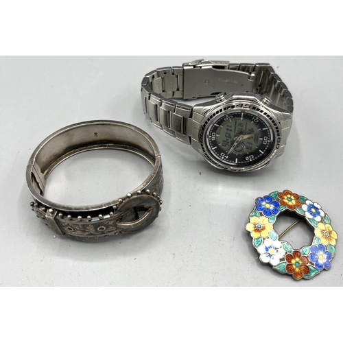 1657 - Casio Edifice stainless steel wristwatch, a hallmarked Sterling silver enamelled wreath brooch and a... 