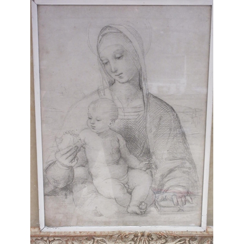 944 - After Raphael 'Madonna with Pomegranate' monochrome print and a similar head and shoulder portrait o... 