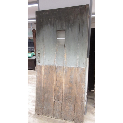 953 - French Provincial five planked oak door, with small window and cast iron hinges and latch, W96cm H19... 