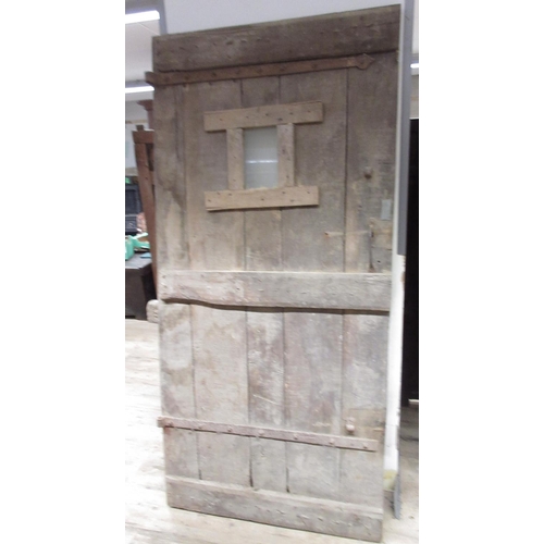 953 - French Provincial five planked oak door, with small window and cast iron hinges and latch, W96cm H19... 