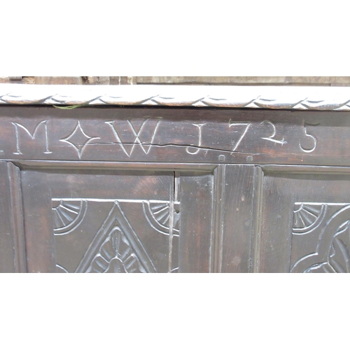 969 - 18th century and later oak mule chest, split pin hinged planked lid with carved edge above three pan... 