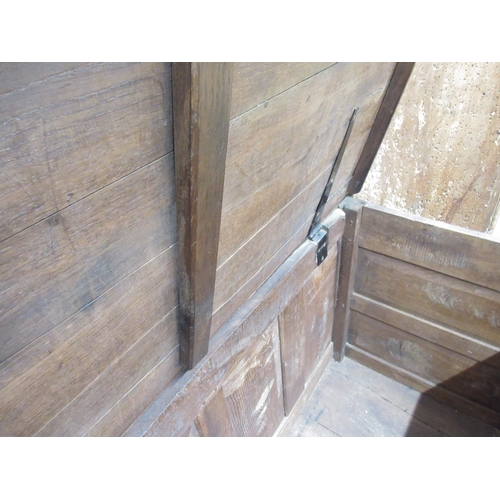 970 - Late 18th century oak four panel coffer, with planked hinged lid and metal carry handles, W132cm D64... 