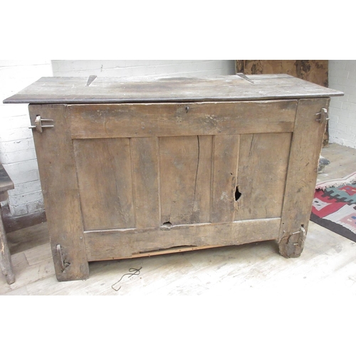 986 - Large pegged oak meal coffer, planked top with three panel front, W167cm D72cm H103cm (Victor Brox c... 