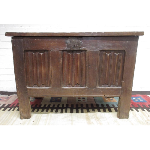 992 - 18th century oak coffer, hinged three panel lid and three linenfold panel front, W104cm D51cm H75cm ... 