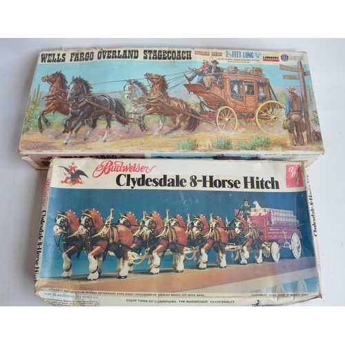 1447 - Two vintage unstarted horse and coach/cart plastic model kits to include Lindberg 1/16 Wells Fargo O... 