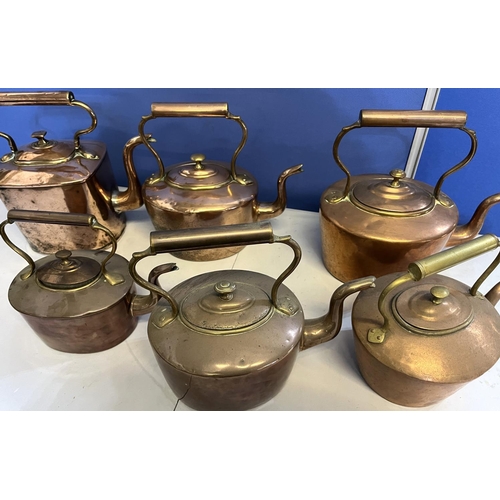 1166 - Six Victorian copper kettles with acorn & mushroom finials, H29cm