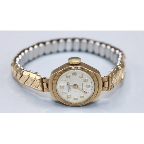 1231 - WITHDRAWN - Ladies Excalibur gold wristwatch on gold plated expanding bracelet, signed silvered sunb... 