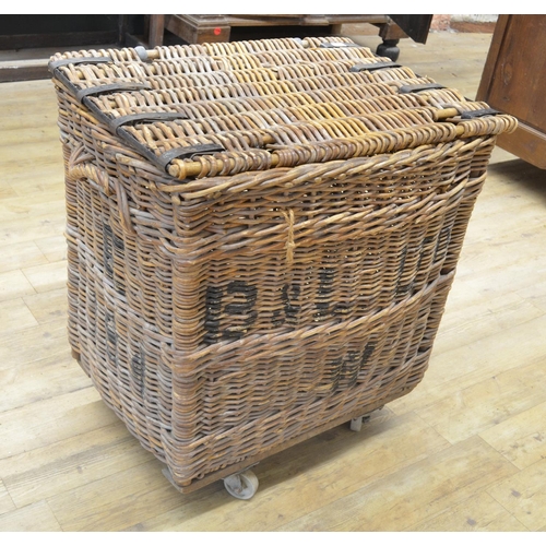 955 - Large wicker Mill or Factory skip, with hinged lid on four wheels, painted B & L Ltd. W80cm D56cm H8... 