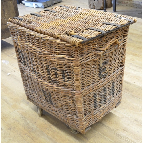 955 - Large wicker Mill or Factory skip, with hinged lid on four wheels, painted B & L Ltd. W80cm D56cm H8... 