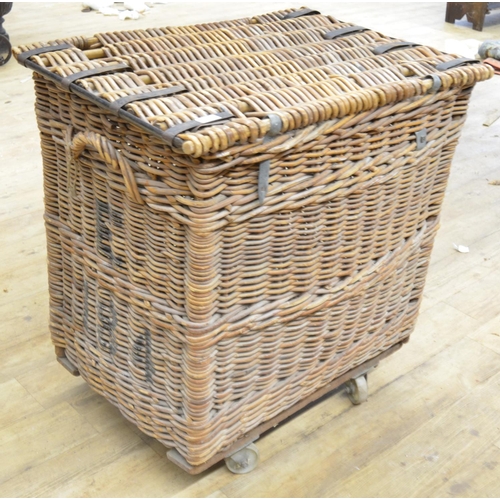 955 - Large wicker Mill or Factory skip, with hinged lid on four wheels, painted B & L Ltd. W80cm D56cm H8... 