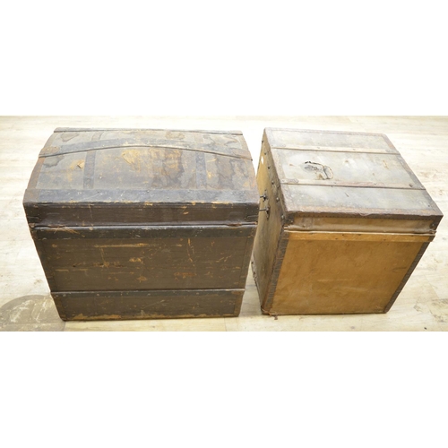 958 - F. D Coulembier - C19th French metal bound dome top trunk with makers label, W70cm D46cm H62cm and a... 