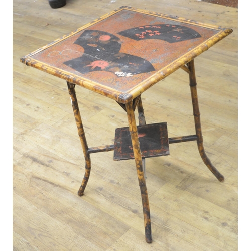 959 - Victorian bamboo occasional table, square top with painted detail, on outsplayed supports with platf... 