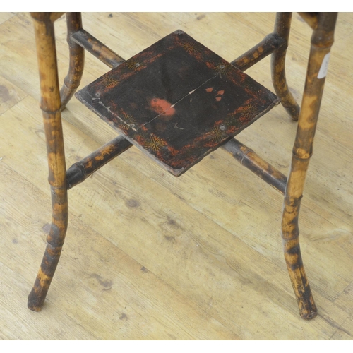 959 - Victorian bamboo occasional table, square top with painted detail, on outsplayed supports with platf... 