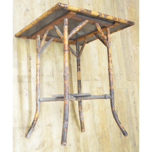 959 - Victorian bamboo occasional table, square top with painted detail, on outsplayed supports with platf... 