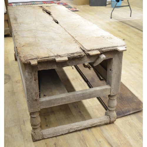 962 - Country made preparation table, cleated planked top with panelled frieze on turned and block support... 