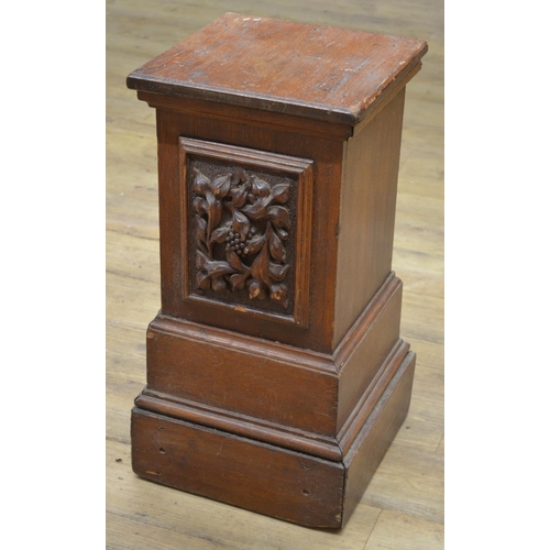 964 - C20th oak square pedestal, front carved with fruit, W33cm D323cm H61cm (Victor Brox collection)