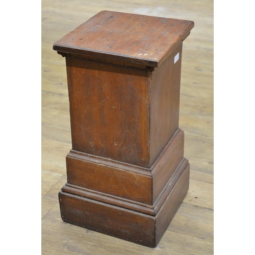 964 - C20th oak square pedestal, front carved with fruit, W33cm D323cm H61cm (Victor Brox collection)