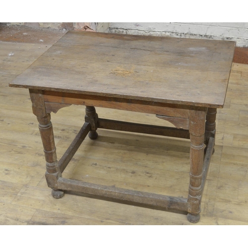 966 - 18th century style oak rectangular centre table, on four gun barrel turned and block supports with s... 