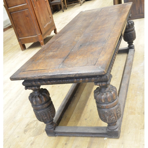 973 - Elizabethan style oak rectangular refectory draw leaf dining table, with lobed frieze on cup and cov... 