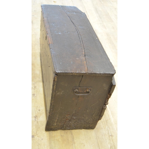 974 - 18th century planked oak coffer with hinged moulded top, front carved 1707 GS TY, W95cm D35cm H47cm(... 