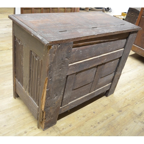 984 - 18th century French oak side cabinet, hinged top above two doors carved with strapwork, W129cm D63cm... 