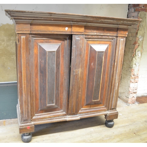 994 - 19th century Dutch oak walnut and rosewood cupboard, moulded cornice above two raised panel doors, o... 