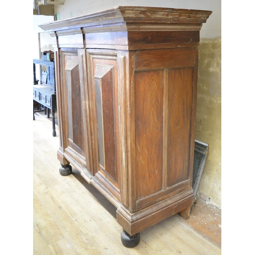 994 - 19th century Dutch oak walnut and rosewood cupboard, moulded cornice above two raised panel doors, o... 