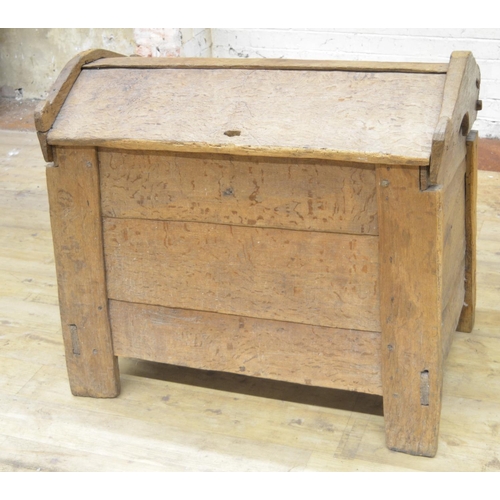 995 - Early oak Ark clamp front coffer, hinged angular arched top lid with scratch carved stylized tree de... 