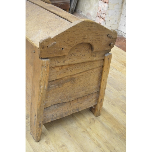 995 - Early oak Ark clamp front coffer, hinged angular arched top lid with scratch carved stylized tree de... 