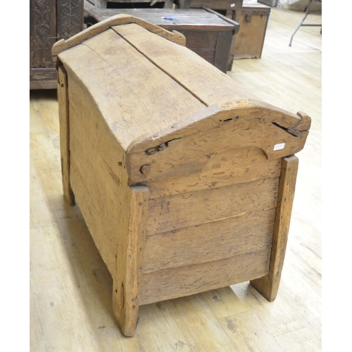 995 - Early oak Ark clamp front coffer, hinged angular arched top lid with scratch carved stylized tree de... 