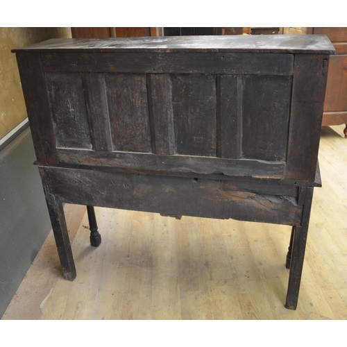 996 - 18th century and later oak dresser, raised back with four flower carved panels, above two drawers, o... 