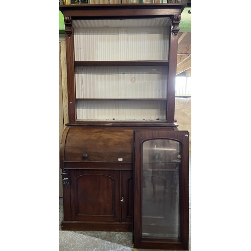 1671 - Victorian mahogany cylinder top bureau bookcase, two glazed doors above pull out writing surface and... 