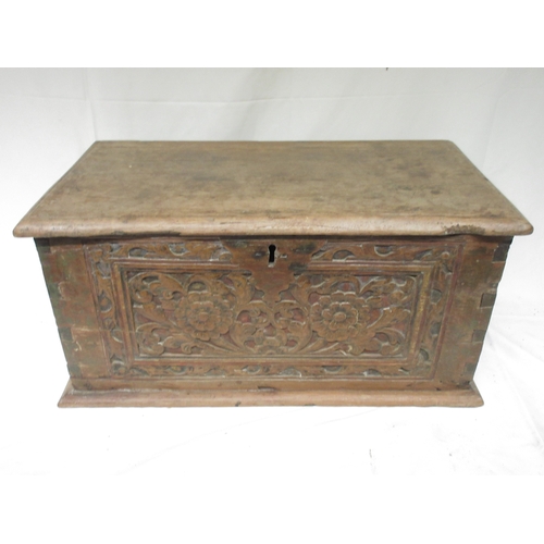 965 - Oak table box, moulded hinged top above floral carved front with traces of old paint, W61cm D34cm H3... 