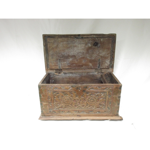 965 - Oak table box, moulded hinged top above floral carved front with traces of old paint, W61cm D34cm H3... 