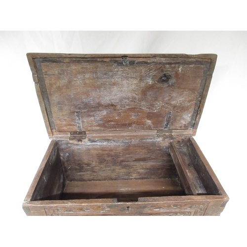 965 - Oak table box, moulded hinged top above floral carved front with traces of old paint, W61cm D34cm H3... 