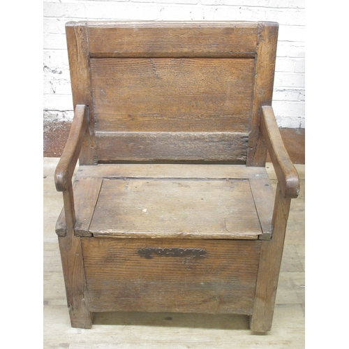 976 - 19th century Country made pine box seat arm chair, metal hinged seat with panel back, W66cm D48cm  H... 