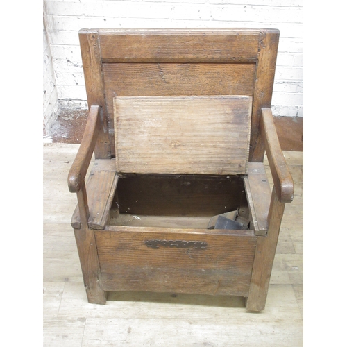 976 - 19th century Country made pine box seat arm chair, metal hinged seat with panel back, W66cm D48cm  H... 