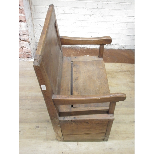 976 - 19th century Country made pine box seat arm chair, metal hinged seat with panel back, W66cm D48cm  H... 