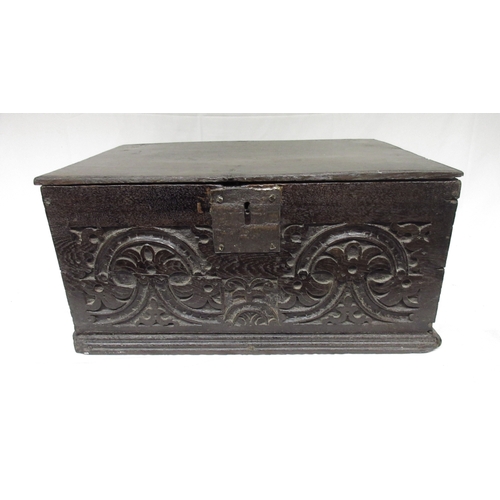 988 - 18th century and later oak Bible box with hinged lid and carved front, W58cm D39cm H28cm (Victor Bro... 